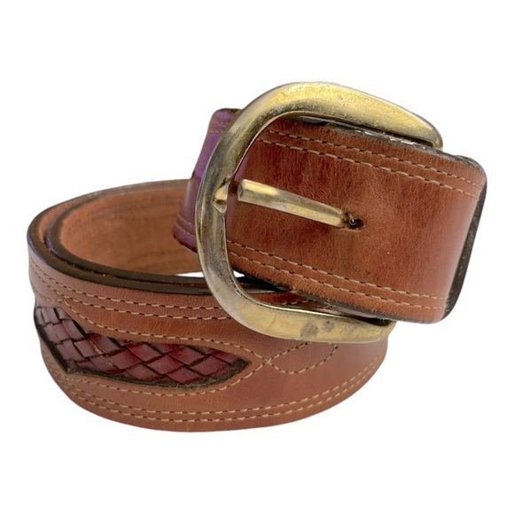 Vintage LEEGIN USA Inset Braided Leather Belt Cognac Saddle Tan Brown Two-Tone - Picture 1 of 10